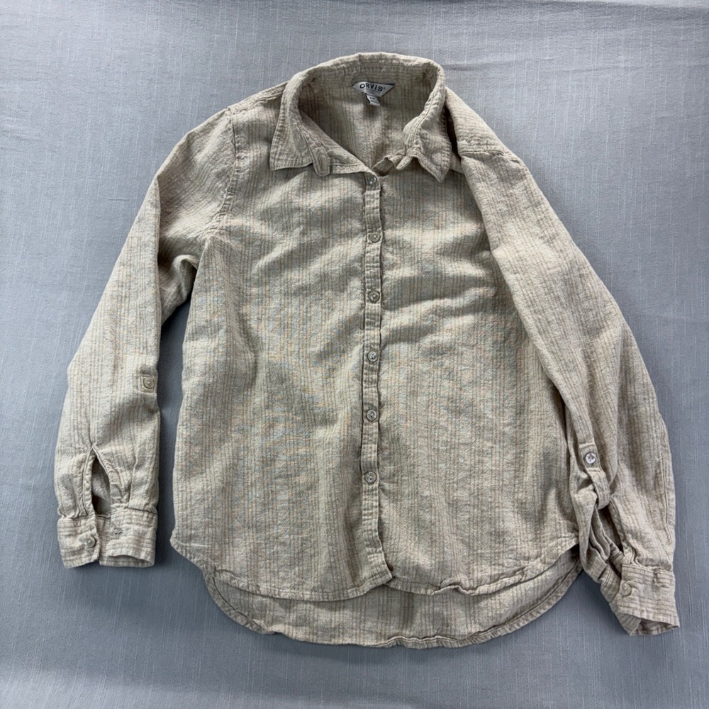 Orvis Shirt Womens Medium Classic Collection Beige Linen Blend Roll Tab Sleeve